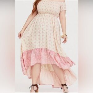 Torrid Hi Low Smocked Bohemian Paisley Print Dress Size 1X Cream Pink NWT